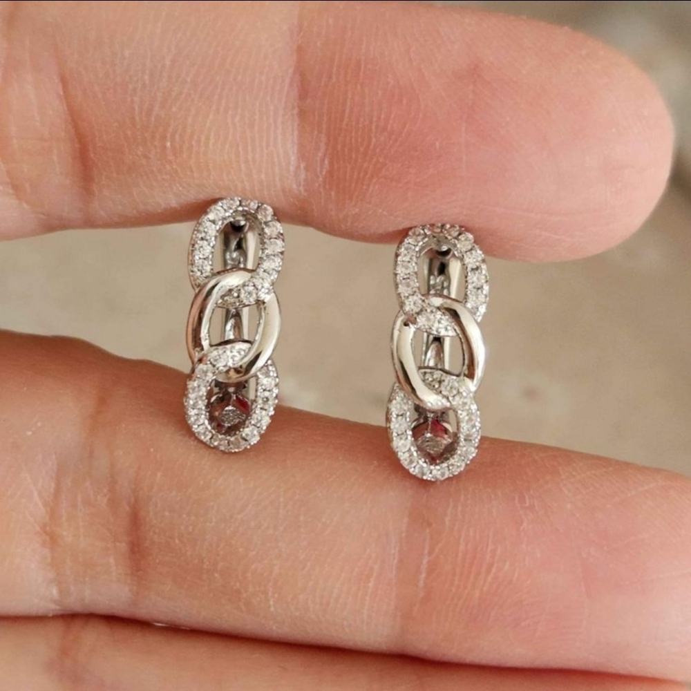 New 925 Silver Diamond Hoop Chain Stamped Earrings for Women